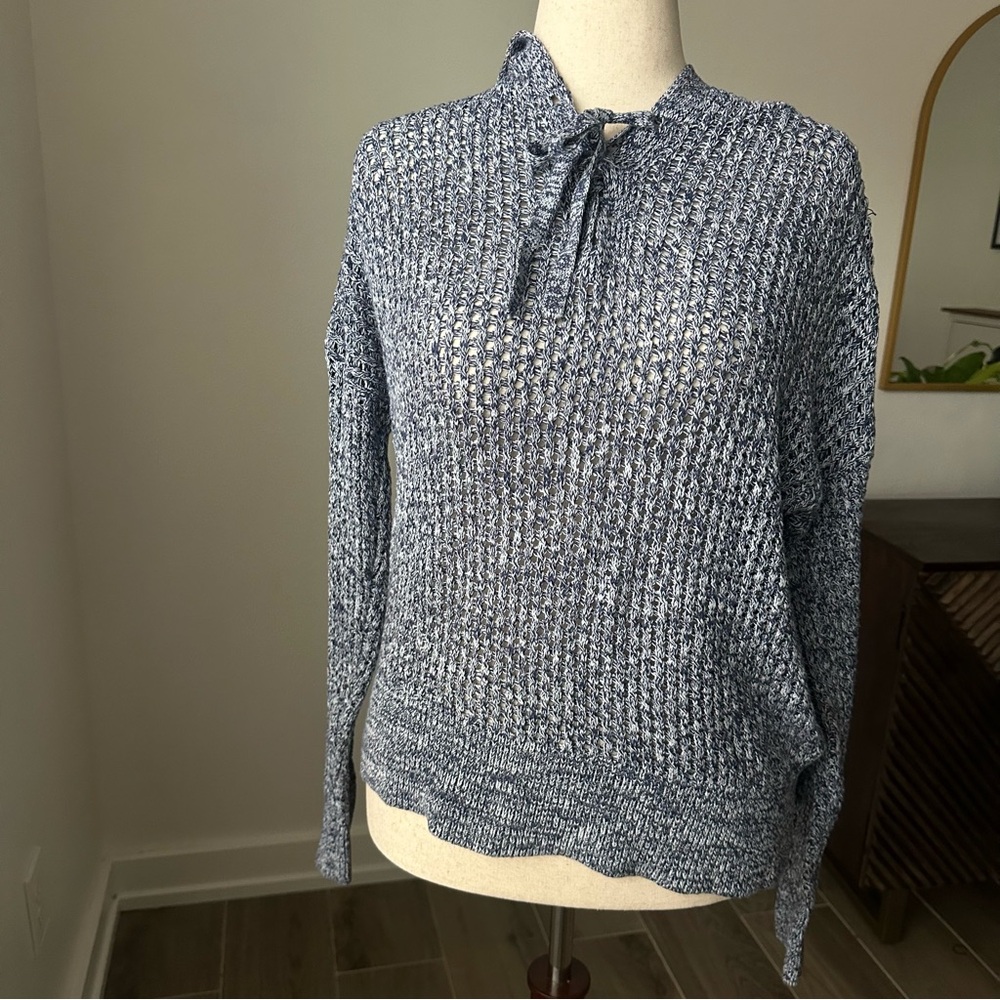 GAP Women's Marled Blue Cotton Open Weave Knit Hooded Sweater